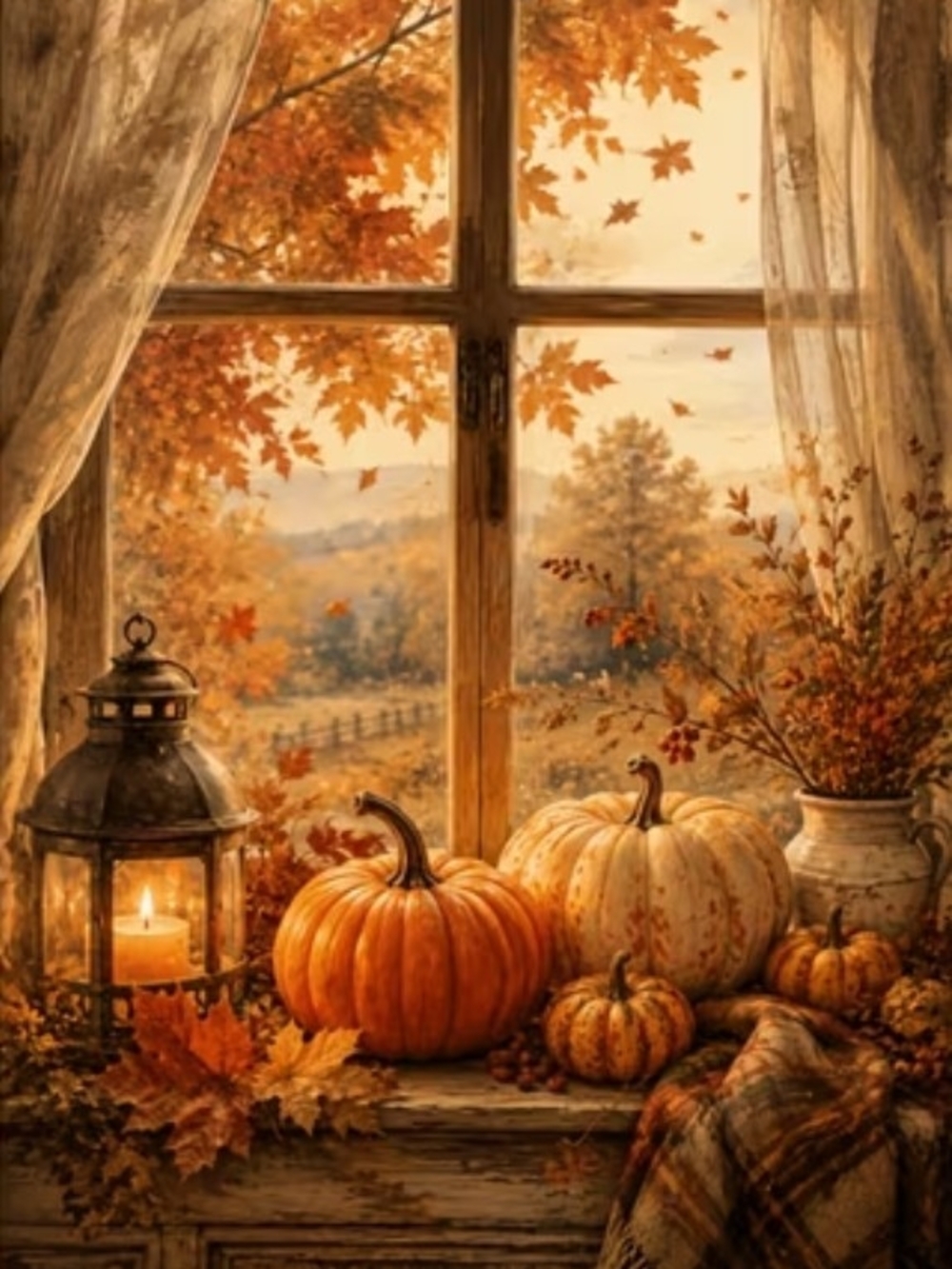 Autumn Pumpkin Window Décor - Orange & Cream Fall Arrangement 8x10 Print